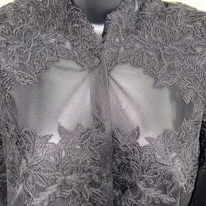 White House Black Market Black Sheer Embroidered Blouse